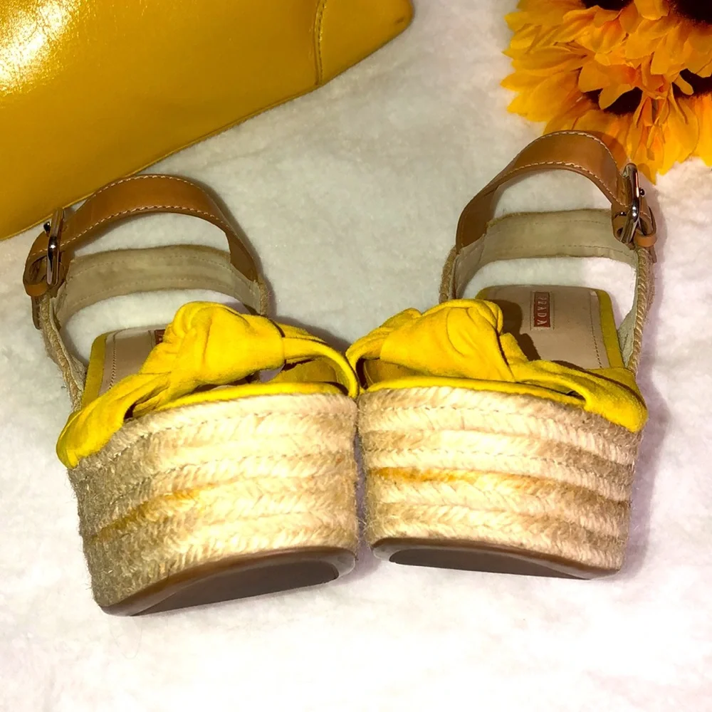 PRADA Suede Wedges & Matching Leather Purse in Sunny Butter Yellow